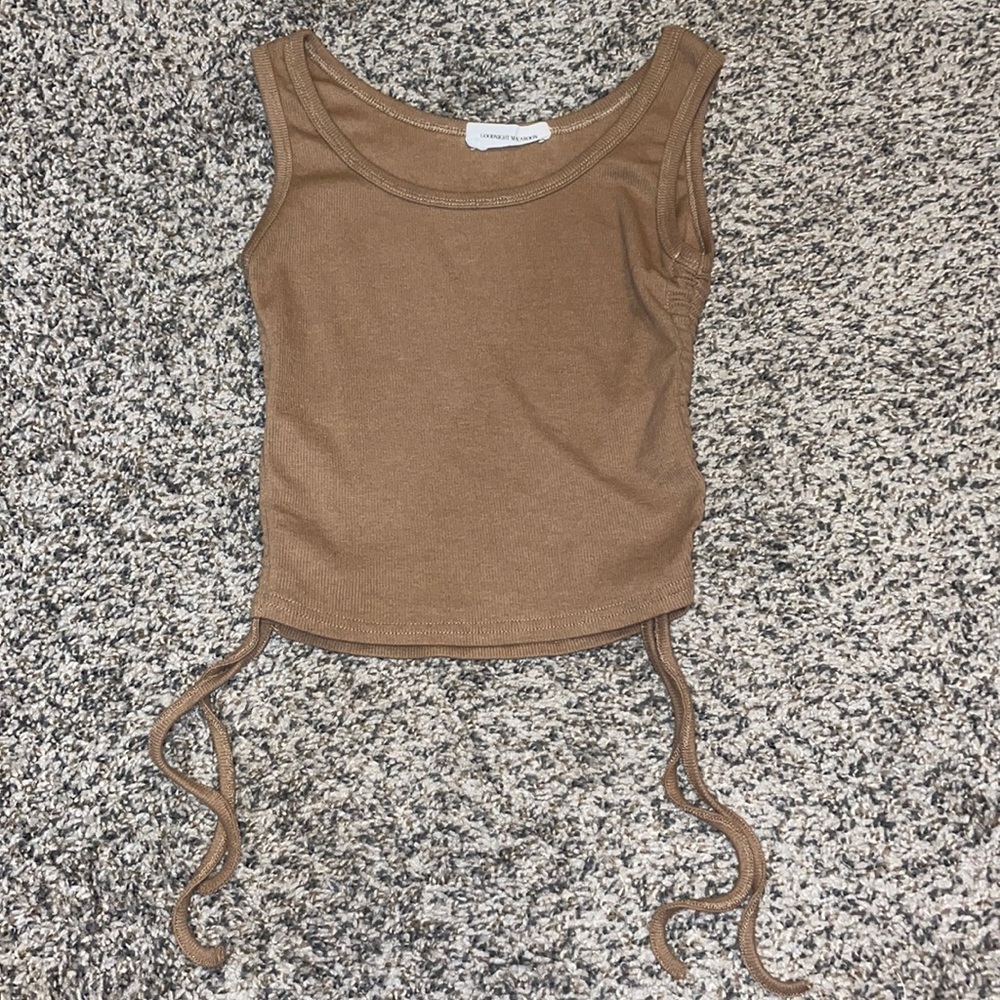 Brown tank with ruched sides and ties